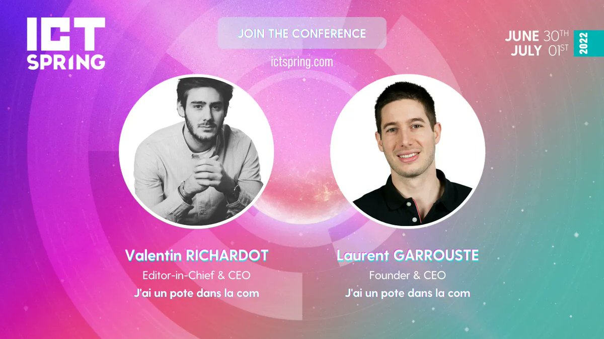 <a href="/ValentinRchdt/">Valentin Richardot</a> and <a href="/lgarrouste/">Laurent Garrouste</a>, respectively Editor-in-Chief &amp; CEO and Founder &amp; CEO of <a href="/unpotedanslacom/">jaiunpotedanslacom</a>, will address new #Communication channels during #ICTSpring next June 30th 🎤 ⭐
Join them 👉 buff.ly/2YvCwa0
#ICTSpring2022