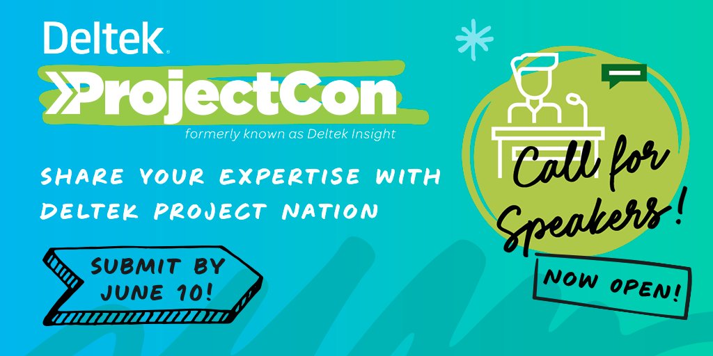 📣 #DeltekProjectCon Call for Speakers is now open! 

Do you have a great tip, process improvement or success story? We’d love to have you share it with #DeltekProjectNation at our annual customer conference, taking place on Nov 15-18 in Nashville, TN!

ow.ly/OTtW30sjuh5