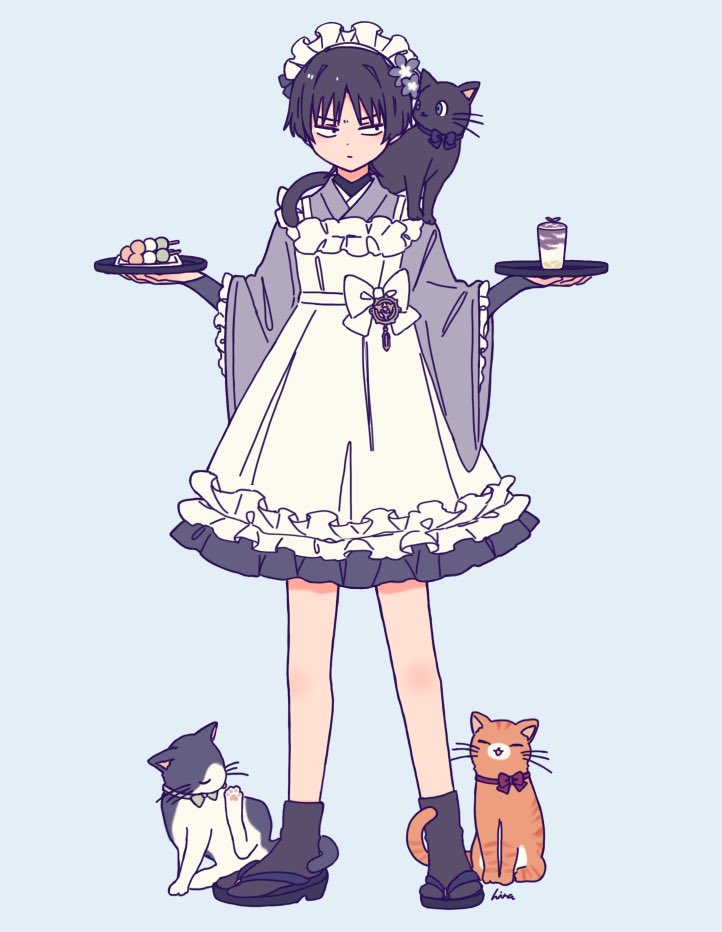 scaramouche (genshin impact) cat 1boy apron maid headdress male focus wide sleeves bow  illustration images
