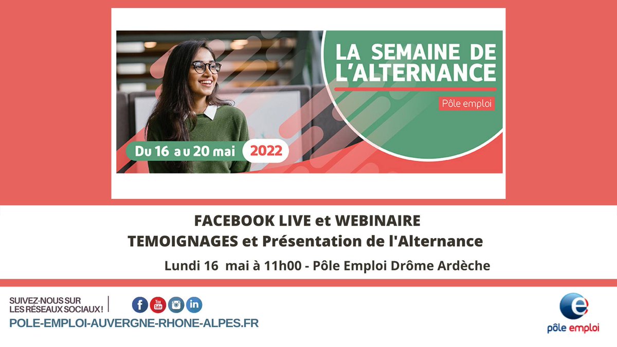 #SemainedelAlternance du 16 au 20 mai
@pole_emploi2607 vous informe sur l'alternance au travers du témoignage d'1 entreprise &amp; d'1 alternant. Des infos sur les secteurs, les contrats, les aides. Posez vos questions en direct le 16/05 à 11h : facebook.com/events/1007853…
#TousMobilisés