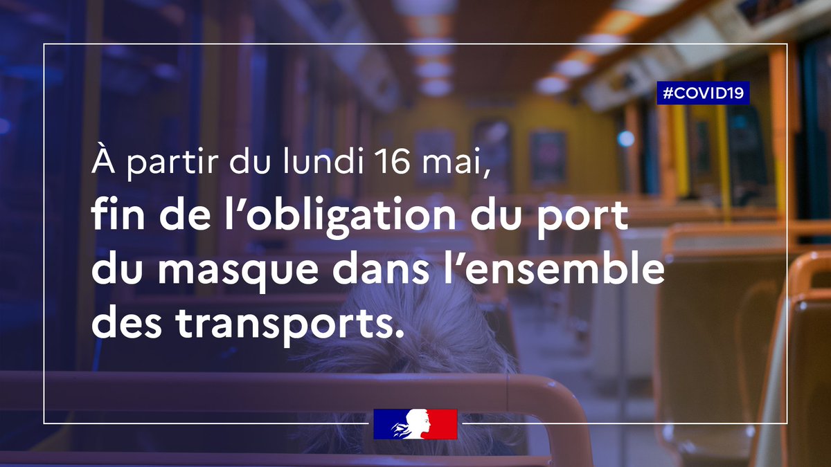 #COVID19 | 😷 À partir du lundi 16 mai, le port du #masque ne sera plus obligatoire dans l'ensemble des transports.
Il reste néanmoins recommandé.