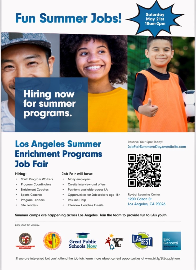LAUSDHR's tweet photo. Are you or someone you know looking for a summer job? Check out this exciting event on Saturday, May 21st!
#LosAngeles #summerjobs #lausd #lausdhr #TeachinLA #summer #jobfair https://t.co/mEabeTo8Ue