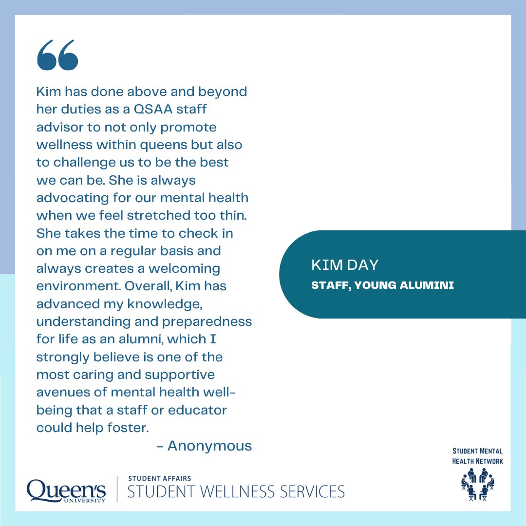 Champion for Mental Health, Kim Day, Advancement. Thank you for all that you do to support student mental health and wellbeing. Click the link in the bio to hear what this Queen's community member has to say about student mental health. #studentmentalhealth #queensu