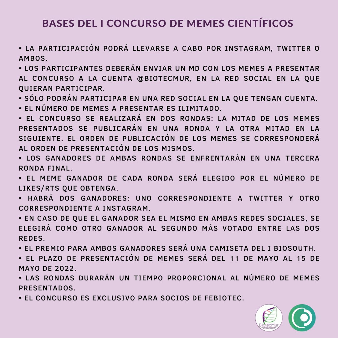 🥳🥳🎉🎉 BiotecMur cumple 10 años 🎉🎉🥳🥳
Queríamos celebrar con vosotrxs que ya hemos cumplido una década. Y ¡¿qué mejor forma que con un concurso?!

Hemos organizado el I Concurso de Memes Científicos. ¿Cómo participar? Dentro hilo: