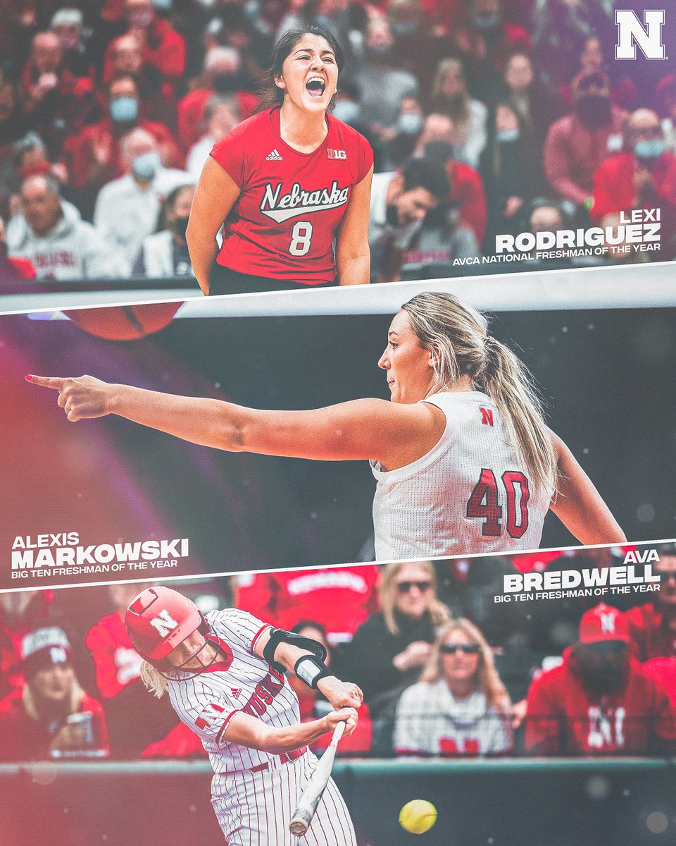 Big Red freshmen shining on the biggest stage.

It's been a year to remember for these Husker women.

🏆 <a href="/Alexis14Rod/">Lexi Rodriguez</a> → AVCA National FOTY
🏆 @lexannmakowski → Big Ten FOTY
🏆 <a href="/ava_bredwell/">Ava Bredwell</a> → Big Ten FOTY