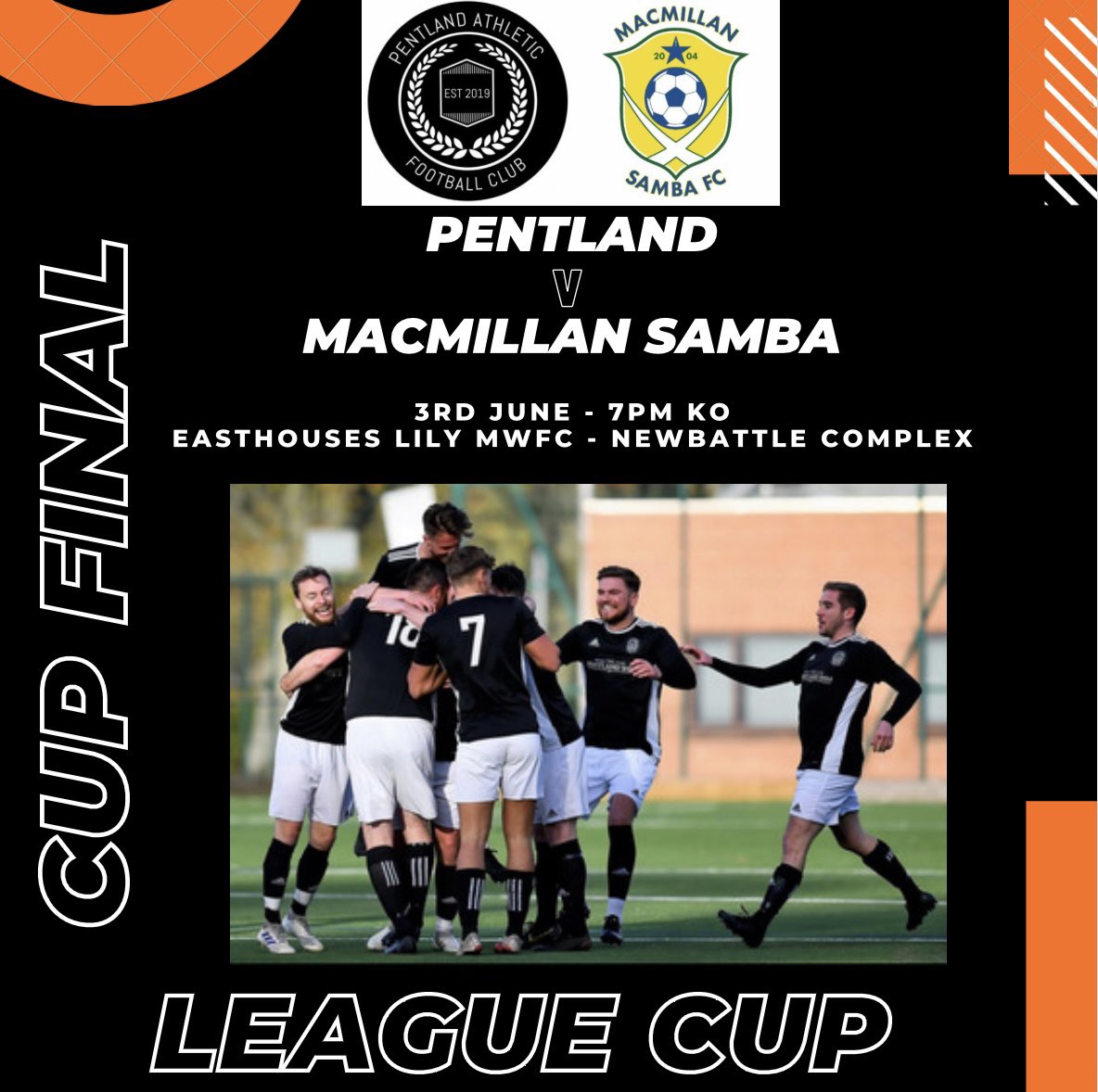 PentlandAFC's tweet image. ‼️CUP FINALS INFO‼️

Delighted to share with you all that we finally have dates agreed for both our cup finals 🏆

Our league games are finished so the preparation starts now for these games.

Hopefully you can all save the date and get along to support the lads!🏆⚽️⚫️🟠
