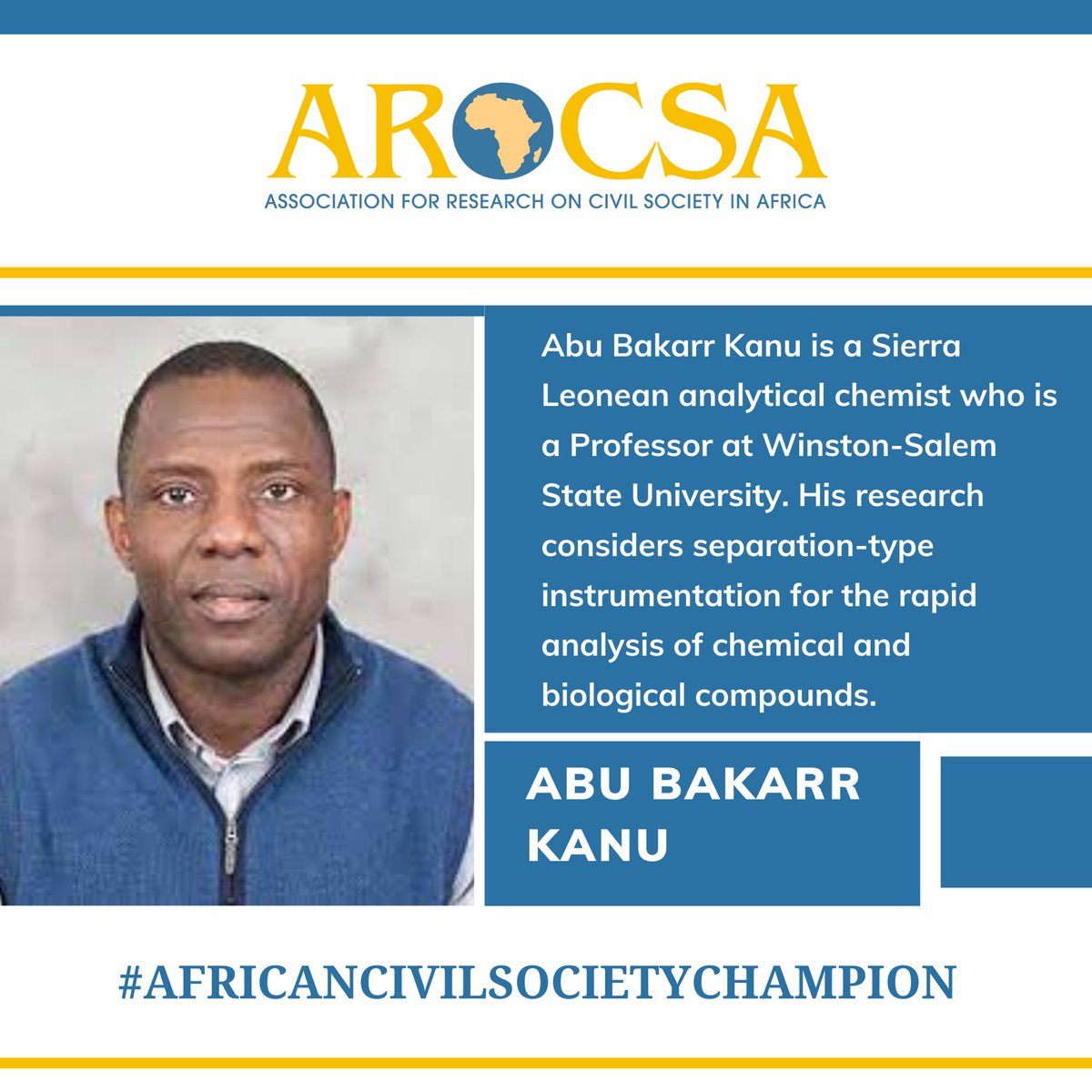 ArocsAfrica's tweet photo. Abu Bakarr Kanu is a Sierra Leonean analytical chemist who is a Professor at Winston-Salem State University. 

Kanu is also involved with education and outreach programmes, and works to bring hands-on chemistry lessons to young people in Sierra Leone.

#ACSC #research #AROCSA https://t.co/tPHa3Ut7Hk