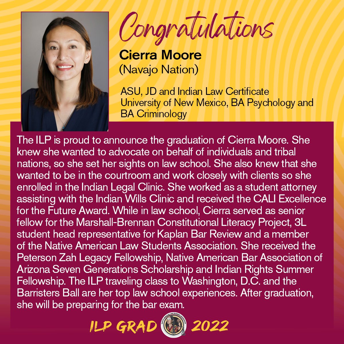 asuilp's tweet photo. Congrats Cierra Moore!๐โ She formed great relationships w/ @dnapeopleslegal, @AILCinc, @ABAesq Judicial Clerkship Program, Pointe-au-Chien Indian Community of Louisiana, and more. She's from the Navajo Nation and we look forward to seeing her advance in her career!
#asuilp https://t.co/XJWK4CY0zf