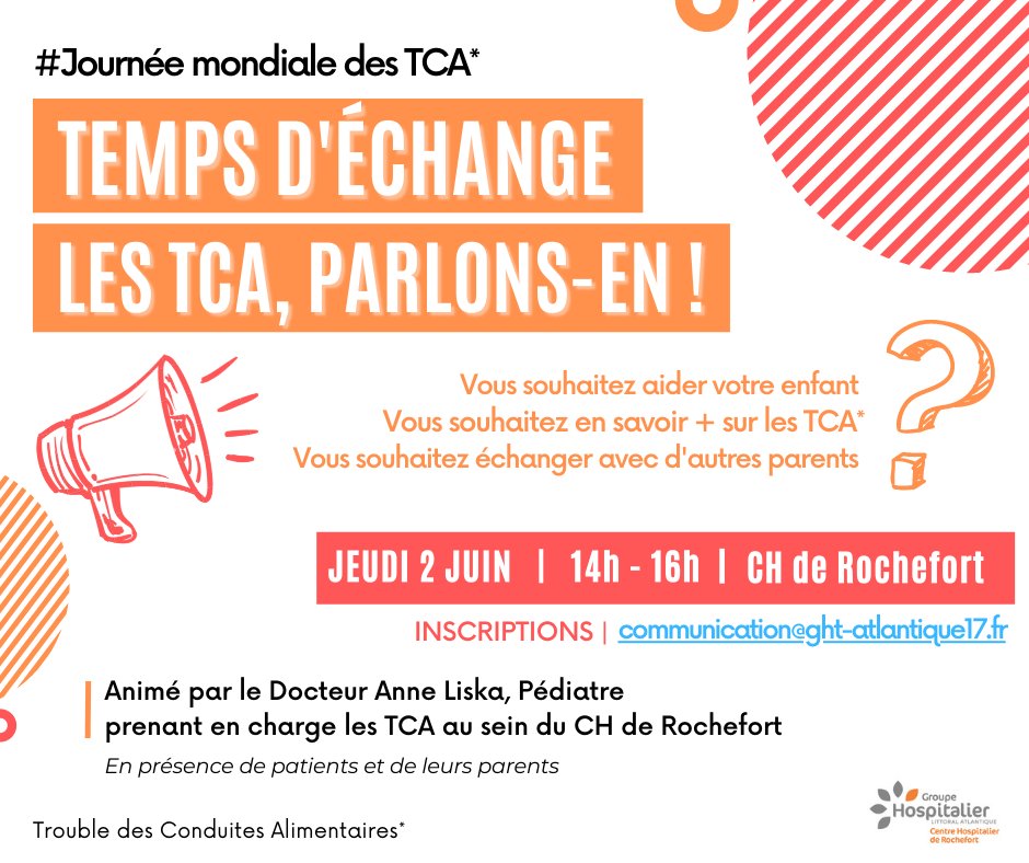 ℹ️ #Anorexie, #boulimie, #hyperphagie... Ces maladies touchent de plus en plus d'adolescents. Vous êtes confronté à cette situation ? 
📆 RDV le jeudi 2 juin au CH de Rochefort, de 14h à 16h.
⚠️Inscriptions : communication@ght-atlantique17.fr
#TCA