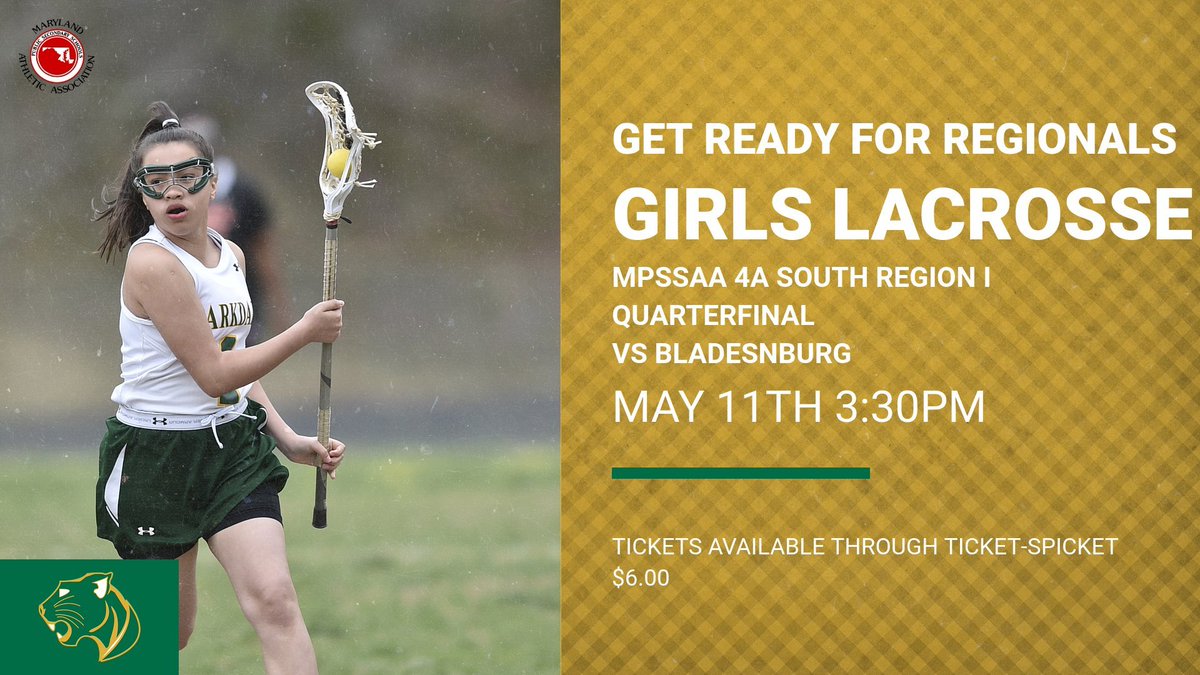 pgcpsAD's tweet photo. Get Ready! 
Girls 4A South Region I Lacrosse Quarterfinals🥍
Parkdale will play host to Bladensburg this afternoon at 3:30pm. 
Cost is $6.00 https://t.co/i0sLbSwujY