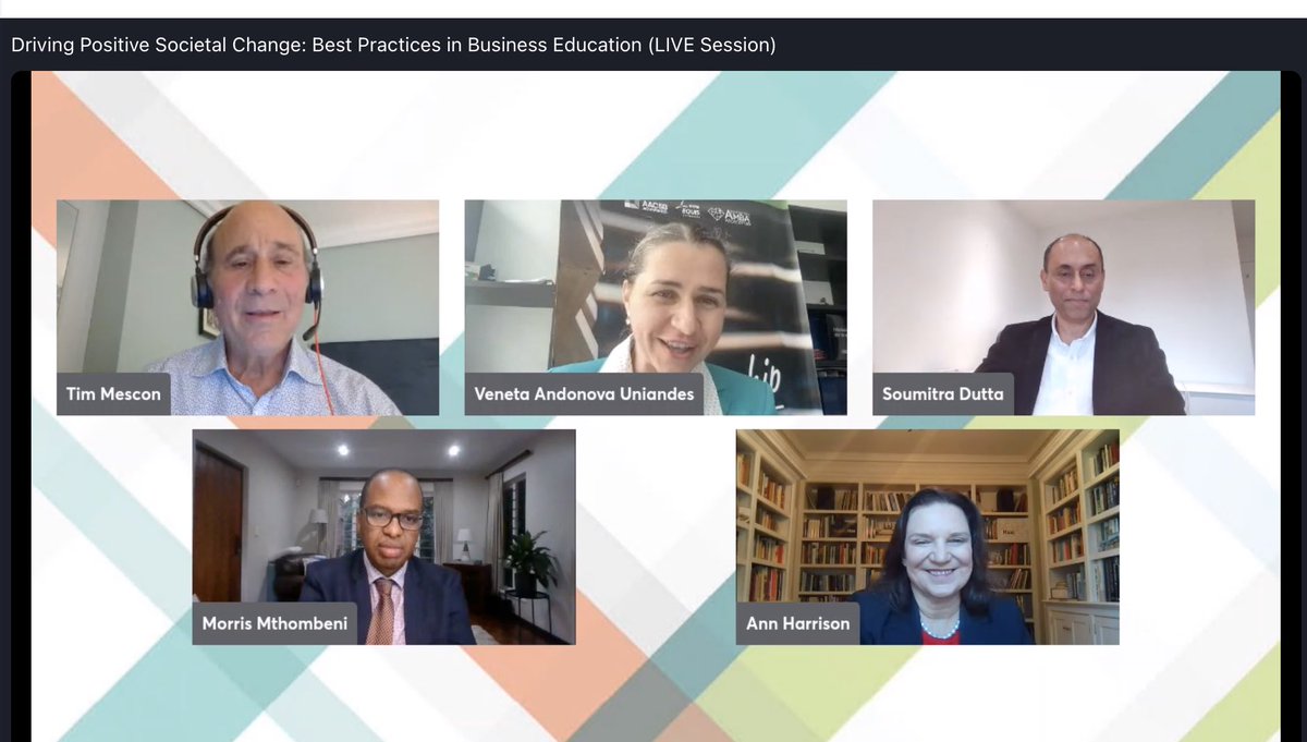Mette_Morsing's tweet photo. Showing strong Dean Leadership at Business Schools for sustainability+inclusivity in all programs: @soumitradutta⁩ ⁦@OxfordSBS⁩ @MorrisMthombeni⁩ #AnnHarrison ⁦@BerkeleyHaas⁩ #VenetaUniandes PRME-AACSB Societal Impact Webinar ⁦@AACSB⁩ @PRMESecretariat⁩ https://t.co/iPDykzwPYQ