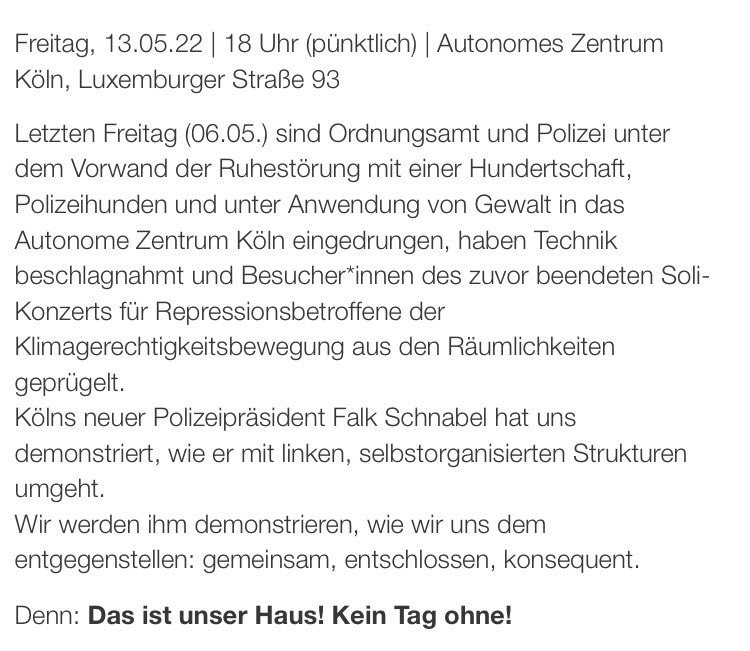 unsersquat's tweet photo. Nach dem #Polizei|angriff am vergangenen Freitag gehen wir diesen Freitag gemeinsam &amp; entschlossen auf die Straße! Gegen #Bullen und #Odnungsamt in unseren Freiräumen!
Das ist unser Haus!
Treffpunkt: #AZ #Köln
Zeit: Freitag, 18 Uhr (pünktlich!)
#KeinTagohne #azbleibt #rabaz https://t.co/i9s0JxD3XZ