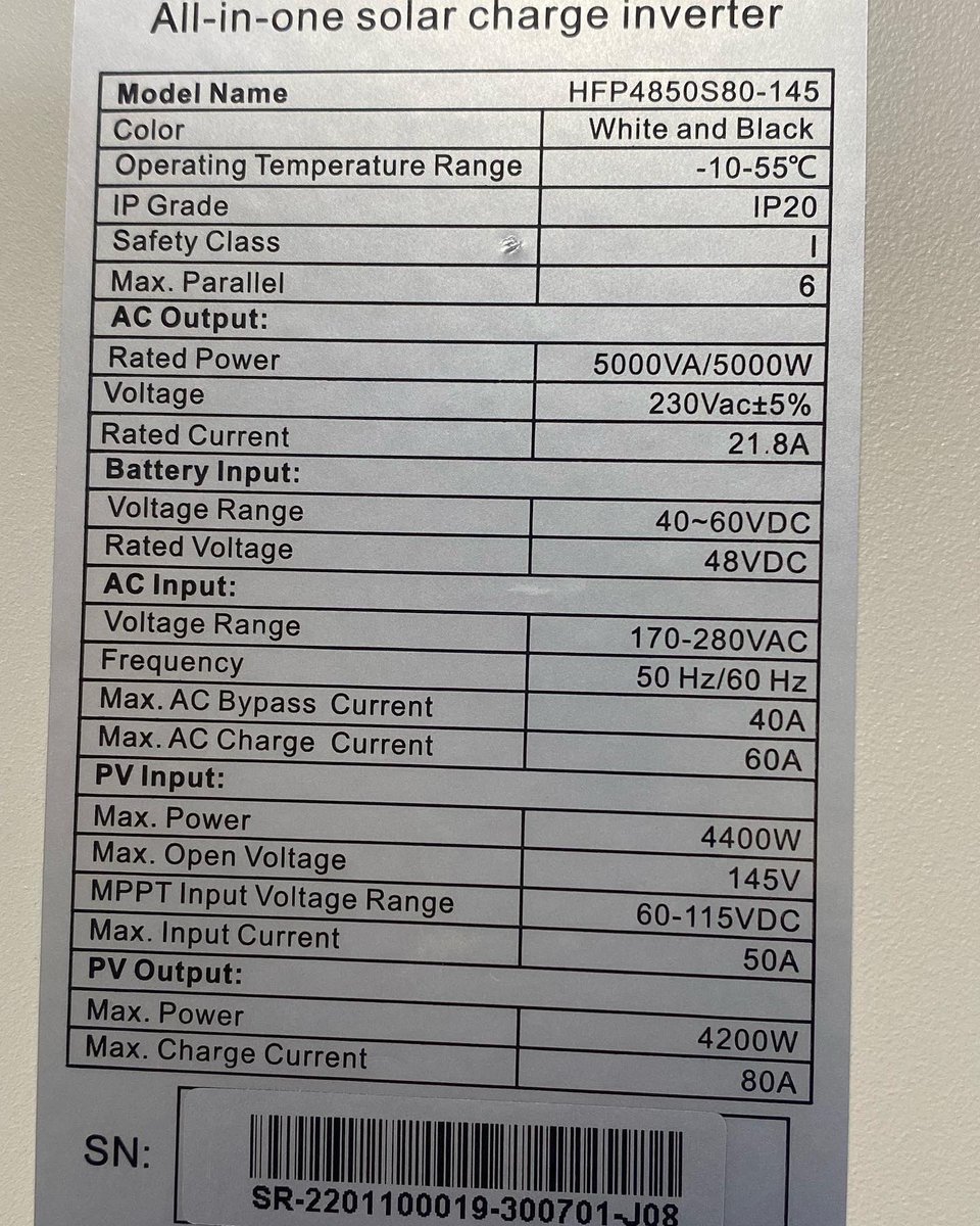 Frepowertech's tweet image. 5kw 48v SRNE Hybrid inverter with parallel kits.  
* Power rating: 5kw 48V 
* PV input: 145V 
* 80A Mppt solar controller  
* PV power 4,400w  
* AC charger 60A  
* Parallel up to 6 units.  
Contact us @ F1183 Ojo Alaba market Lagos.  
#Frepower technologies limited.  07032635001