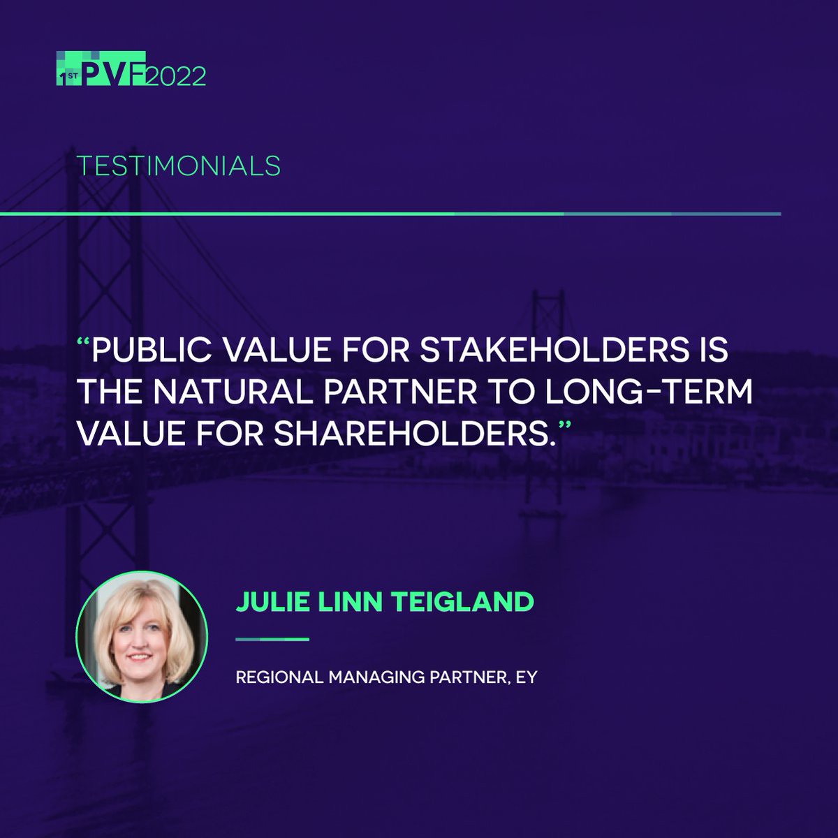 PublicValueFest's tweet photo. 💭Testimonals of Julie Linn Teigland, Regional Managing Partner, EY

"Public Value for stakeholders is natural partner to long-term value for shareholders"

@universidadecatolicaportuguesa Public Value Research Freguesia de Estrela | FCH - Católica https://t.co/74eSaDsedk
