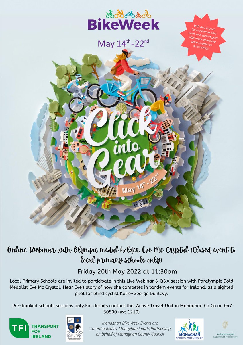 MonaghanCoCo's tweet photo. Online Webinar with Olympic medal holder Eve Mc Crystal (Closed event to local primary schools only)
Pre-booked schools sessions only.For details contact the Active Travel Unit in Monaghan Co Co on 047 30500 (ext 1210)
More details below!
#BikeWeekMonaghan #ClickIntoGear https://t.co/8qoM2pDwL1