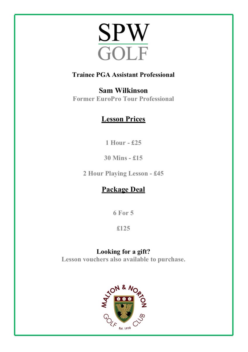 Get in touch now to book your lessons and start your journey to better golf.

#TrustTheProcess 
<a href="/mandngc/">Malton & Norton GC</a> 

Likes and RTs appreciated.

Cheers.