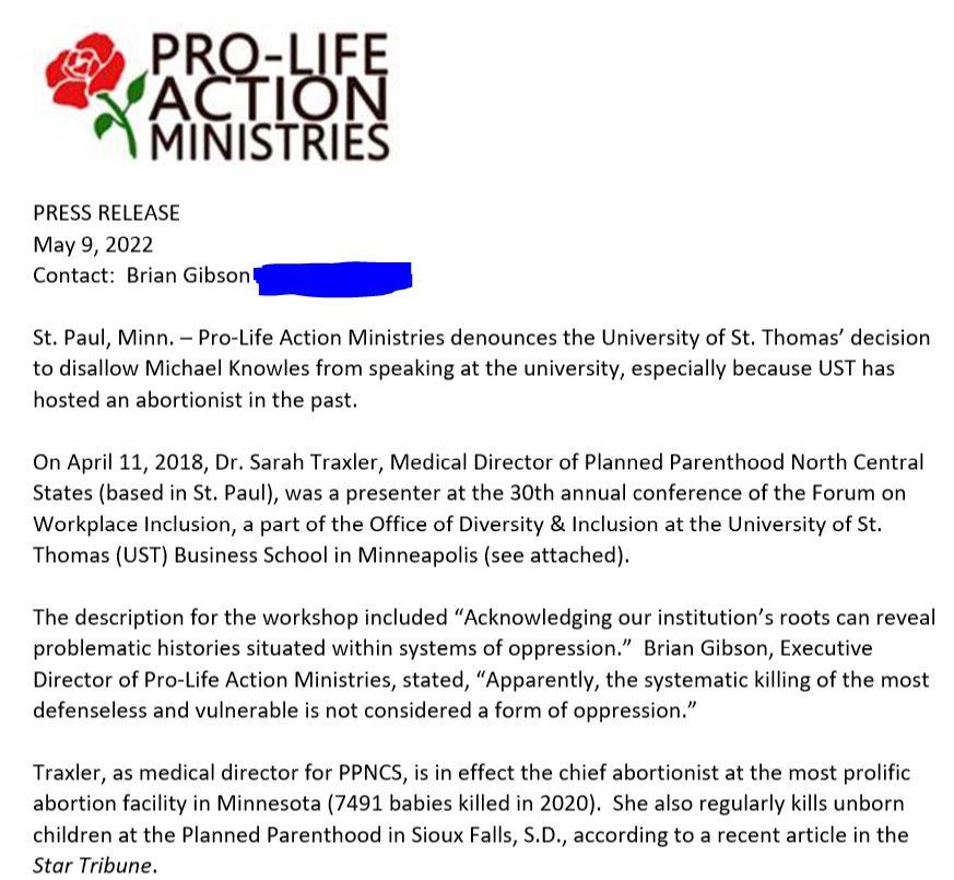 TommieCRs's tweet photo. Apparently the @UofStThomasMN has no problem hosting an event with an actual abortionist but does have a problem with @michaeljknowles and his catholic conservative views on transgenderism. 

See @PLAM_org statement denouncing UST and calling out their hypocrisy   vvv https://t.co/JtlpoFYDor