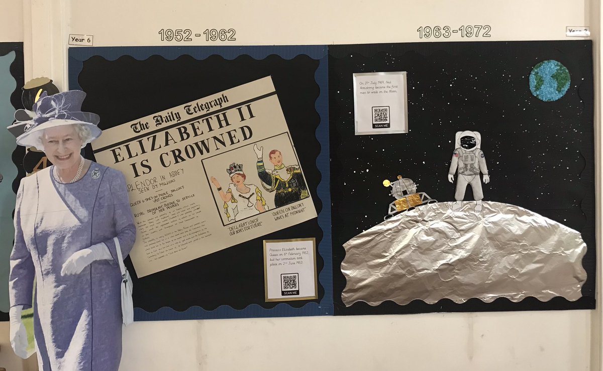 WindermerePS's tweet photo. A special visitor (or her cardboard representation) admired our brilliant Platinum Jubilee displays showing key events from each decade. https://t.co/YLPWk3ROpR