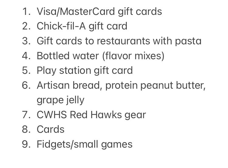 The 9th grade class <a href="/creekwoodhs/">Creek Wood HS</a> will be accepting donations for a Positivity Basket for classmate, Kaedence, who was recently diagnosed with cancer. If you would like to participate, please see the list below and bring items to CWHS by this Friday at 10 AM. <a href="/DCS_TN/">Dickson Co Schools</a> <a href="/CWRedHawksFB/">Creek Wood Football</a>