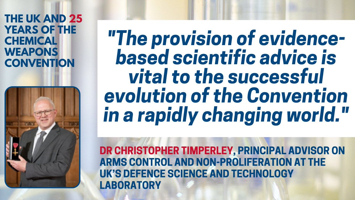 UK_OPCW's tweet photo. 🧪Science sits at the heart of the Chemical Weapons Convention

Our next guest blog celebrating #CWC25 #OPCW25 comes from Dr Christopher Timperley

Dr Timperley is Principal Advisor on Arms Control and Non-Proliferation at @dstlmod

Read his thoughts: https://t.co/e7mng0EJYu https://t.co/E05j6XFKoQ