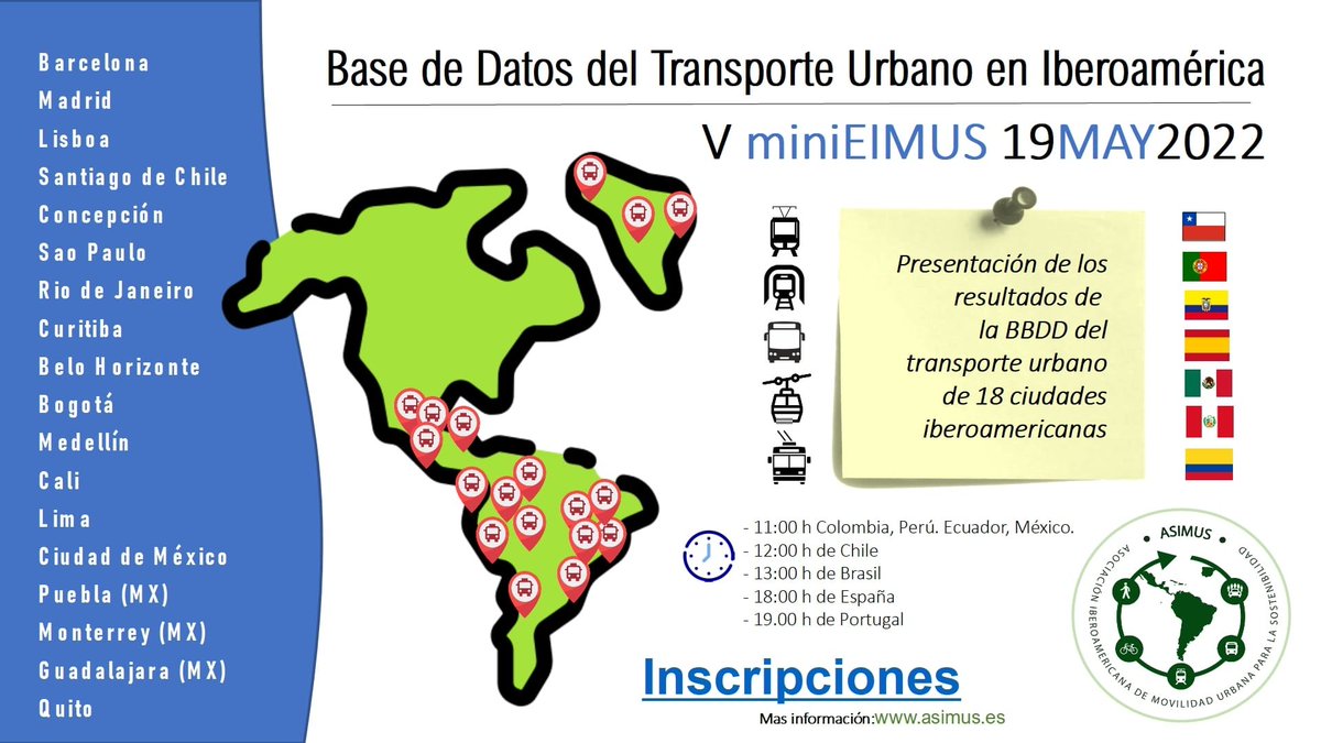 esVIABLE_'s tweet photo. Los invitamos a inscribirse en el IV miniEIMUS para la Presentación de la Base de Datos del Transporte Público en 18 ciudades iberoamericanas, organizado por @AsimusOrg 

📅 19 de mayo de 2022
⌚️ 12 am de Chile
💻 https://t.co/y8uztSiGsg

¡No te lo pierdas! https://t.co/rWDqc79mfT