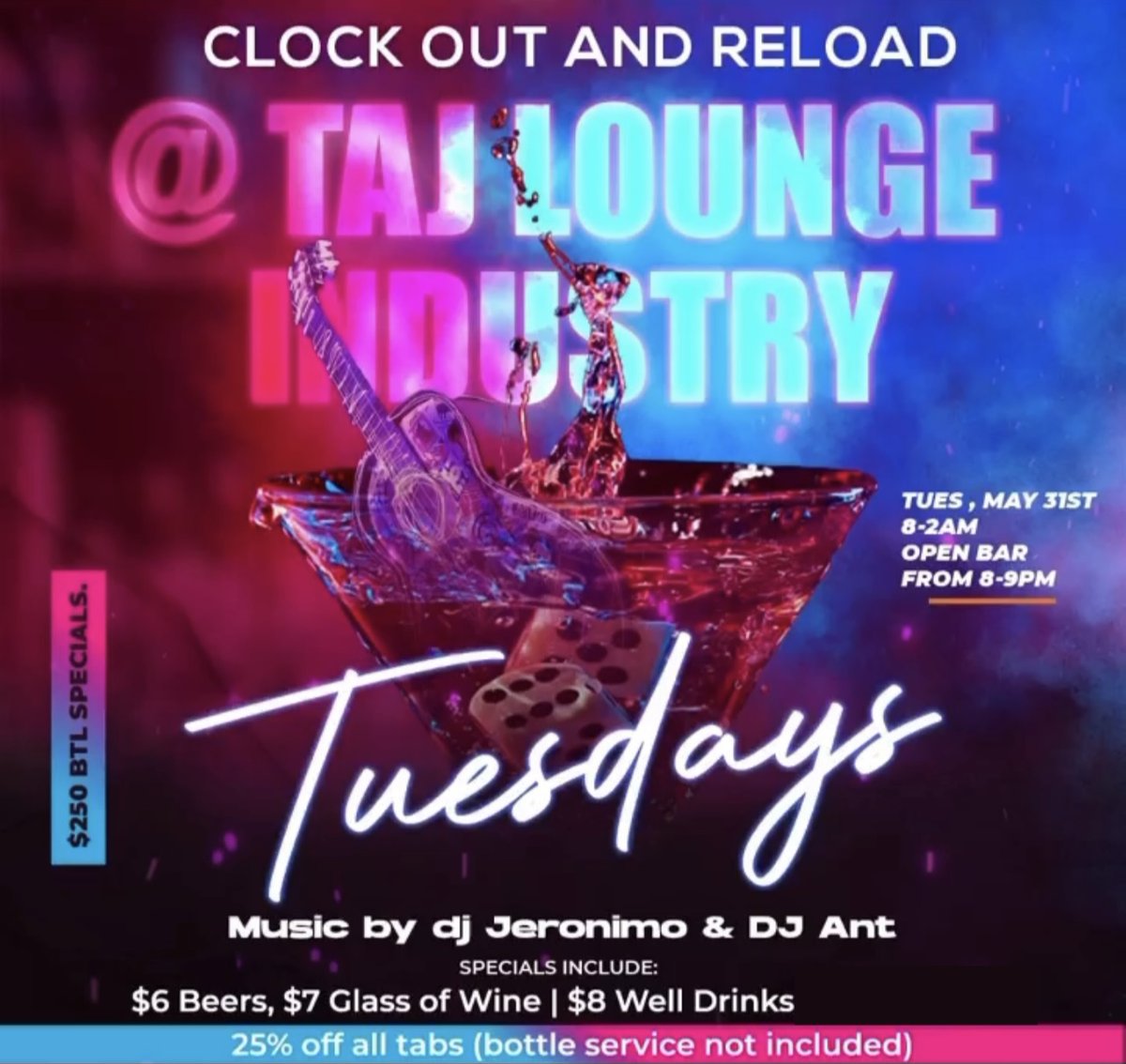 tajlounge's tweet photo. Tuesday May 31st - Industry Tuesdays! https://t.co/GC39mPztZF