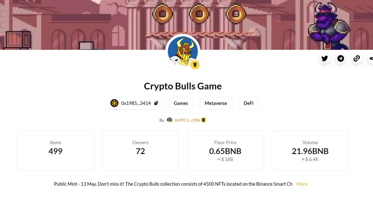 I am glad to inform you that our presale was successful!
We already have 20 bnb resales in just 4 hours! 

The public sale will begin on May 13! 
Our friends have published our collection on their site -
galler.io/en/collection/…