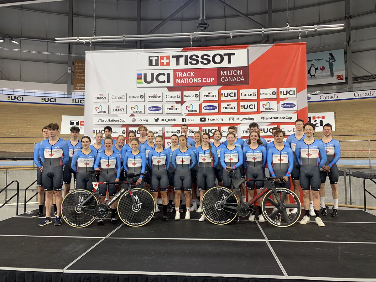 CBCOlympics's tweet photo. Gang's all here 🇨🇦🚲

@CyclingCanada is ready to hit the track for tomorrow's UCI Track Nations' Cup in Milton, Ont. 

Stream the event at 7pm ET right here: https://t.co/J1wm9zwhhI

📸: @jackydoorey https://t.co/Ru9icuaxiB