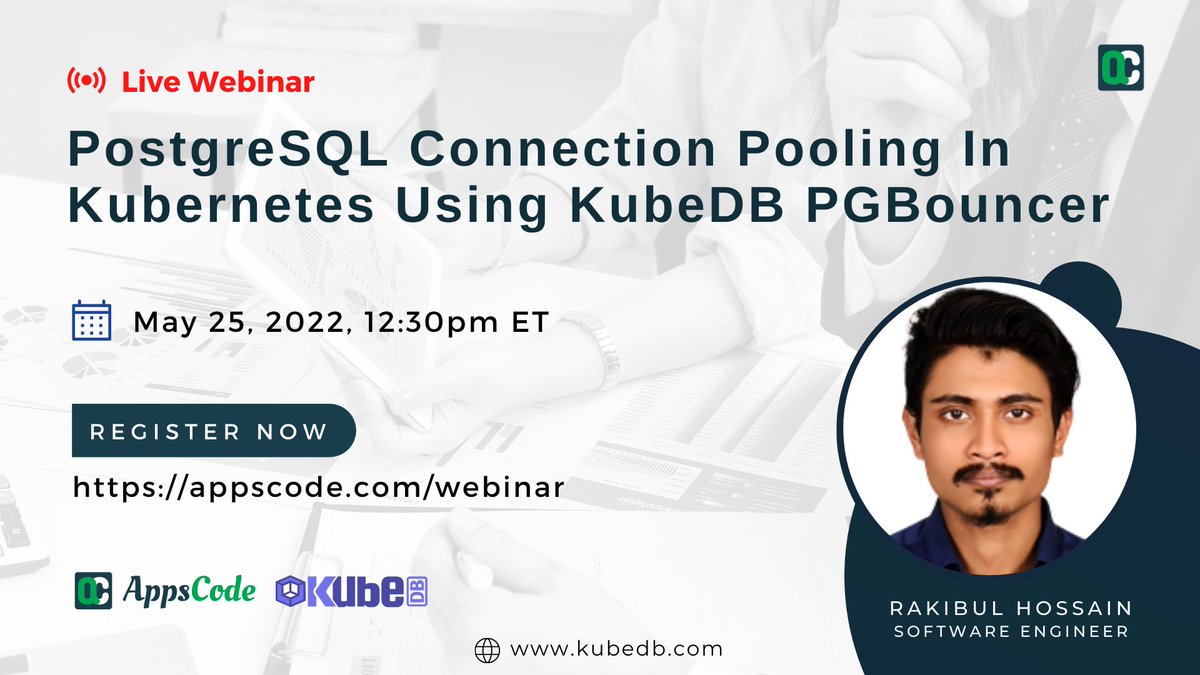 AppsCodeHQ's tweet photo. Don’t miss our upcoming webinar, ‘PostgreSQL Connection Pooling In Kubernetes Using KubeDB PGBouncer’ on 25th May 2022, Wednesday, 12:30 PM ET.
Register Here: https://t.co/Xrr3pi4KSY
#KubernetesPostgreSQL #KubernetesPGBouncer #KubernetesDatabase https://t.co/G6q5sVpHwA