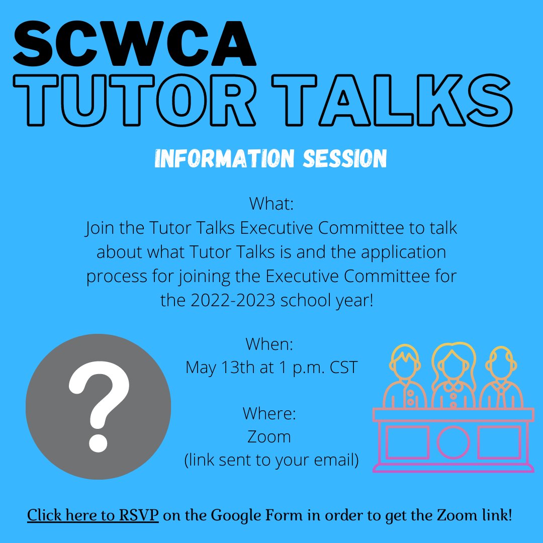 Tutor_Talks's tweet photo. Join us for our next session focused on what Tutor Talks is and how to apply to be on the Executive Committee for the 2022-2023 school year. We can't wait to see everyone there!

To get the Zoom link on the day of the session, make sure to RSVP using the link in this thread. https://t.co/eqe4DcWqRh