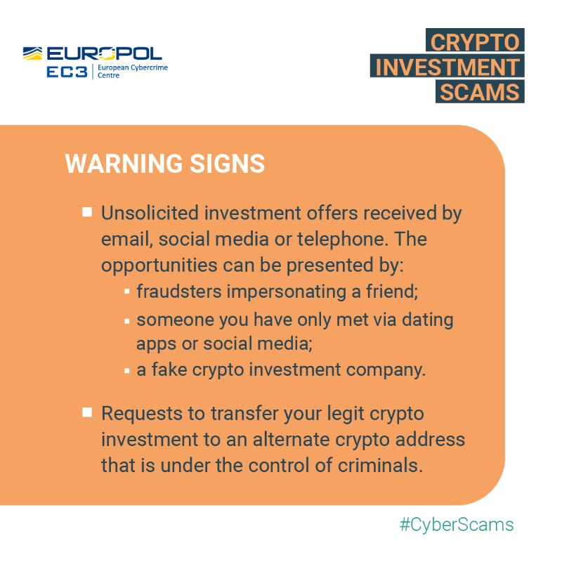EC3Europol's tweet photo. 💡 Watch out for #2good2btrue investment opportunities!
#Crypto investment scams trick:
❌ victims into buying an unknown #cryptocurrency via an exchange platform
❌ current holders into transferring their assets from legitimate wallets to a dubious recipient
To learn more ⤵️