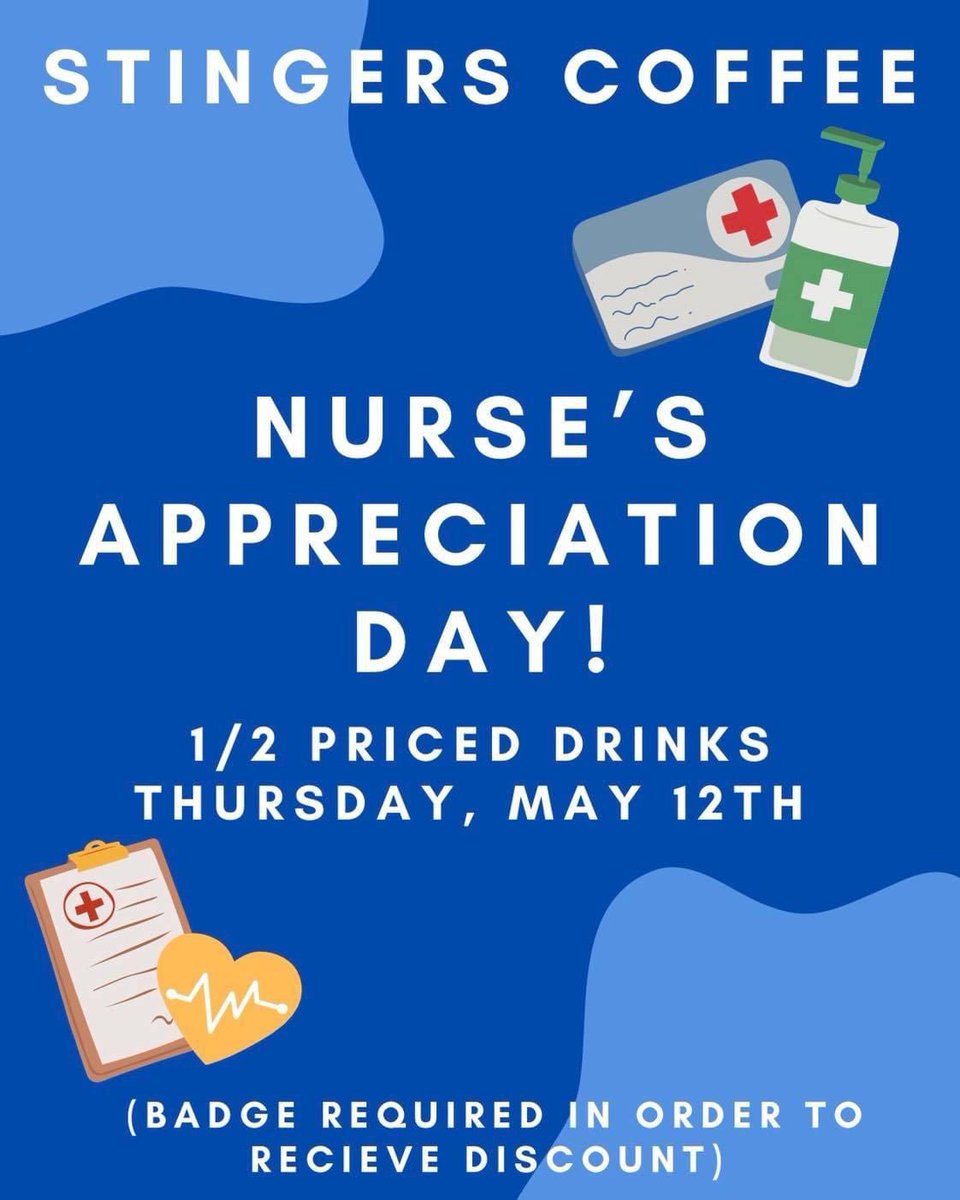 StingersCoffee's tweet photo. 📍Attention All Our AMAZING Nurses 🩺 

❤️ WE APPRECIATE YOU ❤️

Join us tomorrow for 1/2 PRICE DRINKS 🥤 ALL DAY While we CELEBRATE YOU‼️ https://t.co/41UmdwdEaG