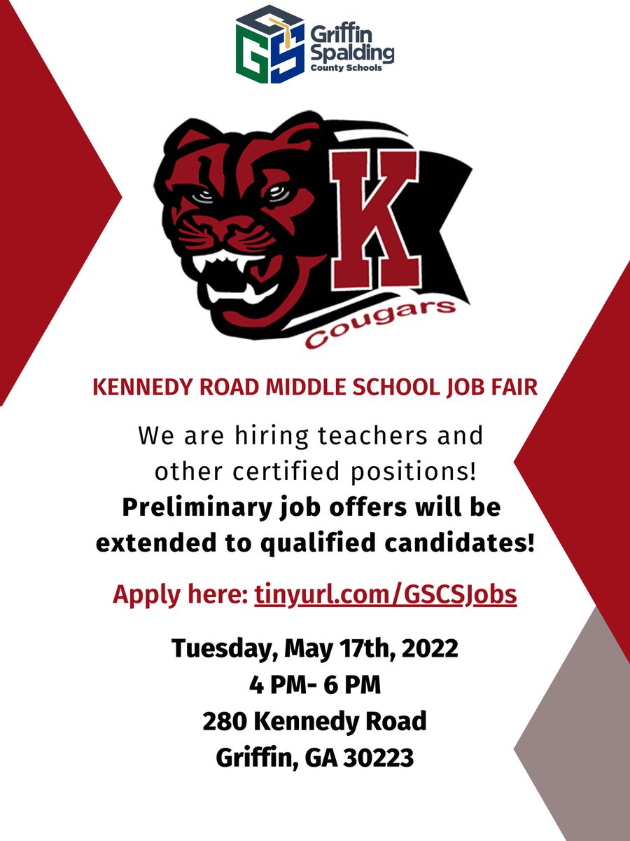 <a href="/KennedyRoadMS/">Kennedy Road Middle</a> is hosting a job fair next week for teachers and paraprofessionals! Vacancies include positions in the SPED &amp; ELA departments ! For more information, email humanresources@gscs.org. Apply @ Tinyurl.com/GSCSJobs <a href="/GriffinSpalding/">Griffin-Spalding K12</a>