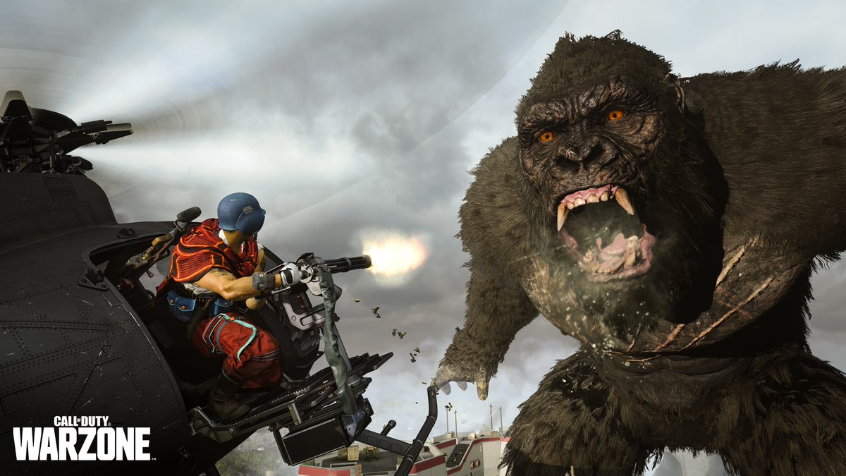 PlayStation_LA's tweet photo. El asombroso 🦍 de 103 metros y el 🐉 de 120 metros chocan en #Warzone a partir de hoy. Conozca los primeros detalles sobre cómo los jugadores combaten a los titanes, estadísticas de los monstruos y más: https://t.co/COP9ZLGxl0 https://t.co/XbS20u0Cla