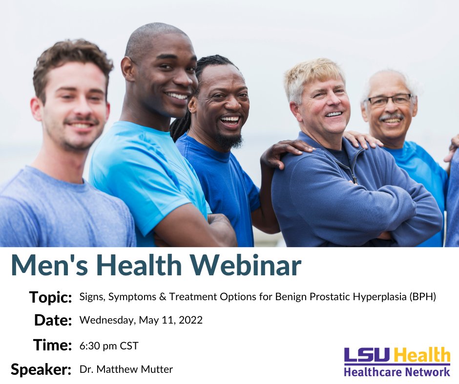 Join Dr. Mutter for a free educational webinar tonight at 6:30pm focusing on benign prostatic hyperplasia (BPH), also known as enlarged prostate. Register here: tinyurl.com/lsubph
#menshealth #bph #prostate #prostatehealth
