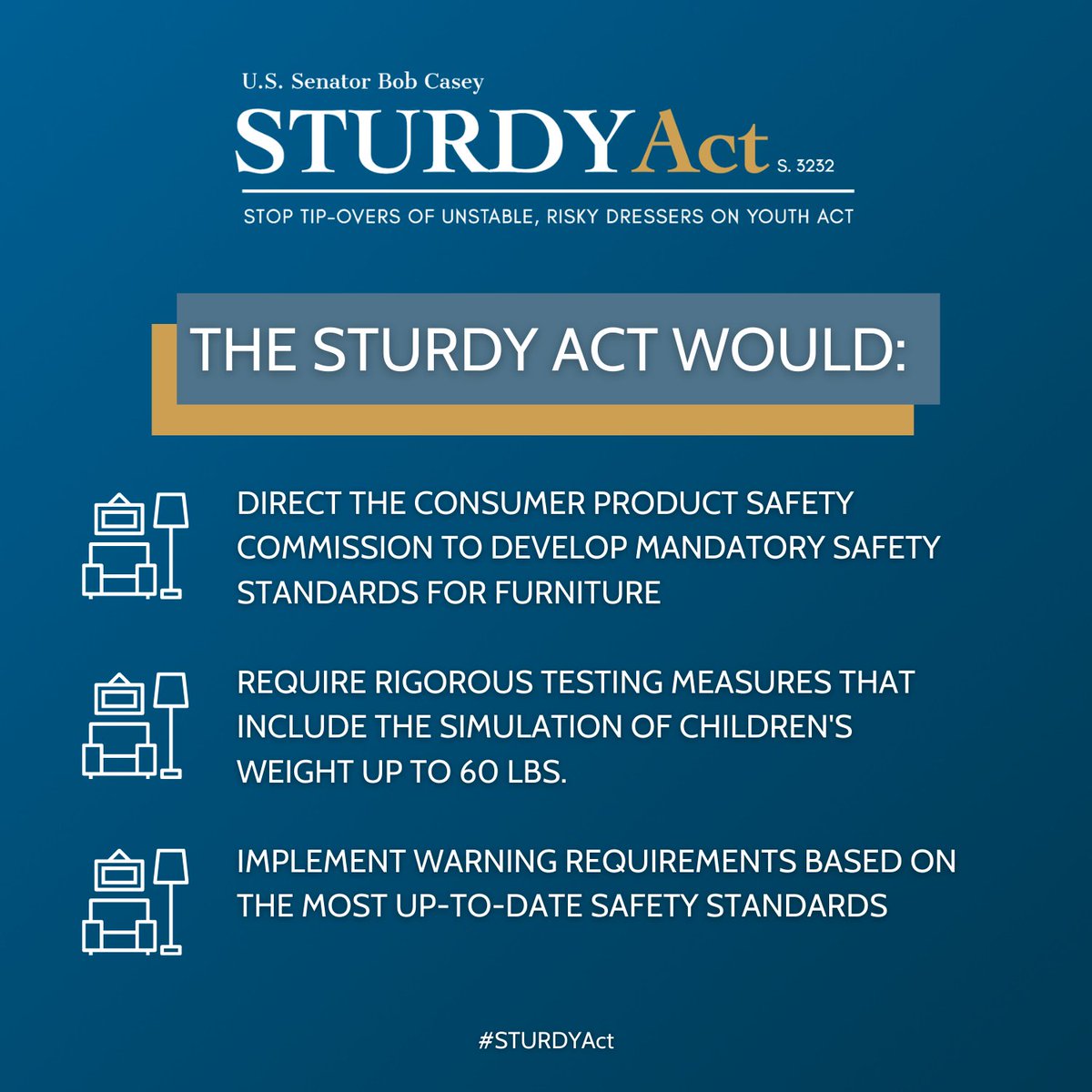 BREAKING: <a href="/commercedems/">Senate Commerce, Science, Transportation Committee</a> just voted to send my bill, the #STURDYAct, to the Senate floor. I’m proud to say that we’re one step closer to making furniture safer for kids and preventing tragedies at home. sen.gov/casey/NKL1