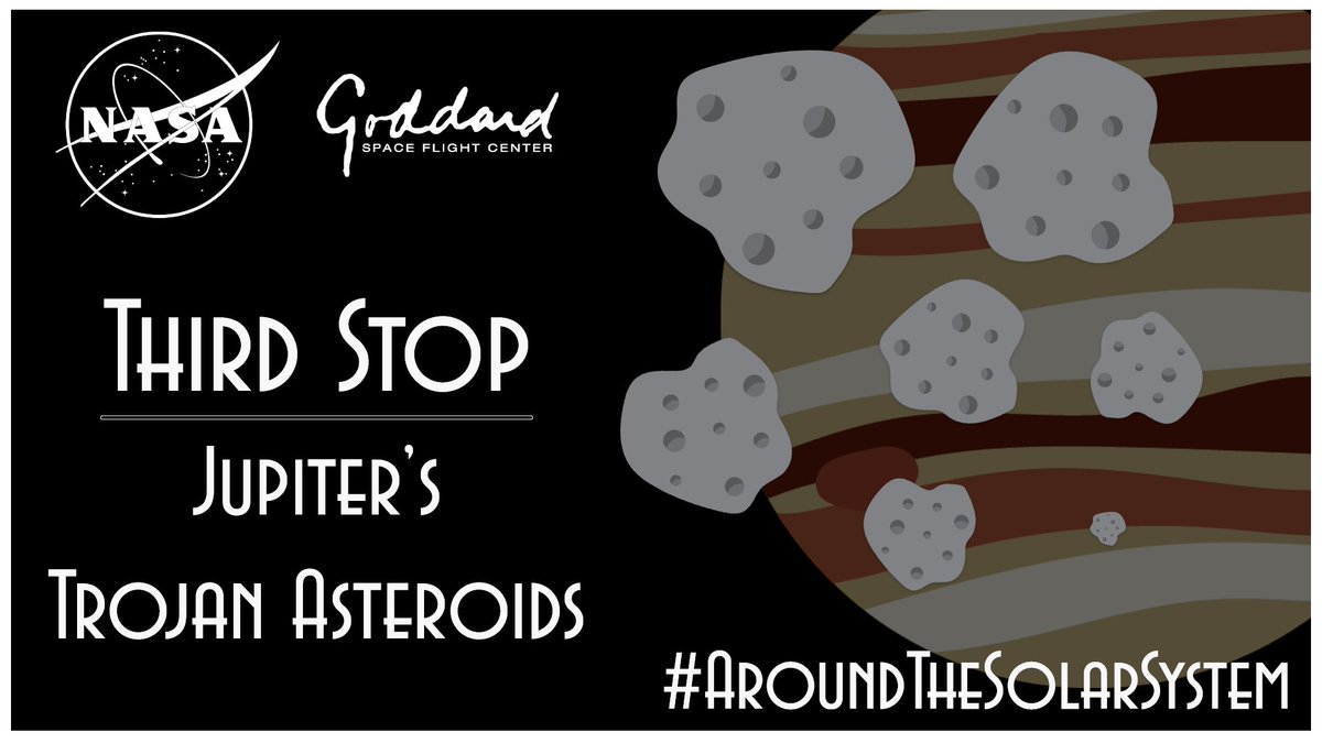 NASAGoddard's tweet photo. Today's stop on our trip #AroundTheSolarSystem is to Jupiter's Trojan asteroids! Head over to @NASASolarSystem for more! https://t.co/uiLk0QqiOF