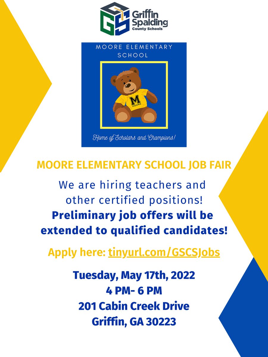 <a href="/school_moore/">MooreESCubs</a> is hosting a job fair next week for teachers and paraprofessionals! For more information, email humanresources@gscs.org. Apply @ Tinyurl.com/GSCSJobs <a href="/GriffinSpalding/">Griffin-Spalding K12</a>