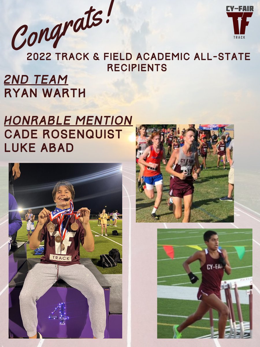CY-Fair High School Track&Field Team (@cyfair_track) on Twitter photo Congratulations to <a href="/ryan_warth/">Ryan Warth</a> Cade Rosenquist, @LukeAbad1 on being name Academic All-state. These students will be honored 5/12 @ 11:30 in the <a href="/CyFair_BFND/">Cy-Fair High School</a> library. <a href="/JRosenquist18/">Jennifer Rosenquist</a> <a href="/XavAbad/">XavIer Abad</a> <a href="/_reagan_marie/">reagan warth</a> <a href="/BFNDAthletics/">Cy-Fair HS Athletics</a> Congratulations to <a href="/ryan_warth/">Ryan Warth</a> Cade Rosenquist, @LukeAbad1 on being name Academic All-state. These students will be honored 5/12 @ 11:30 in the <a href="/CyFair_BFND/">Cy-Fair High School</a> library. <a href="/JRosenquist18/">Jennifer Rosenquist</a> <a href="/XavAbad/">XavIer Abad</a> <a href="/_reagan_marie/">reagan warth</a> <a href="/BFNDAthletics/">Cy-Fair HS Athletics</a>
