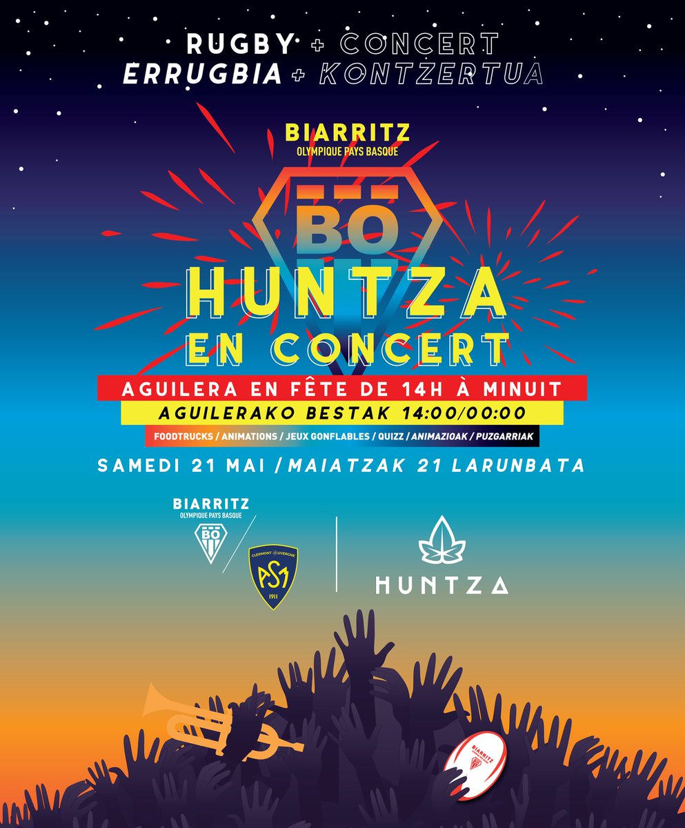 BOPBweb's tweet photo. 𝐀𝐠𝐮𝐢𝐥𝐞𝐫𝐚 𝐞𝐧 𝐟𝐞𝐭𝐞 ! 🥳

𝐁𝐎𝐏𝐁 x 𝐇𝐮𝐧𝐭𝐳𝐚 • Samedi 21 mai
🎸🏉🔴⚪️

🅡🅤🅖🅑🅨 + 🅒🅞🅝🅒🅔🅡🅣 

•𝟏𝟕:𝟏𝟓 : Coup d’envoi 𝐁𝐎𝐏𝐁 ⚡️ 𝐂𝐋𝐄𝐑𝐌𝐎𝐍𝐓 🏉
•𝟐𝟐:𝟎𝟎 / 𝟎𝟎:𝟎𝟎 : Concert 𝐇𝐔𝐍𝐓𝐙𝐀 🥁

🎟 https://t.co/KulLpdizQd https://t.co/urx76xgSLy
