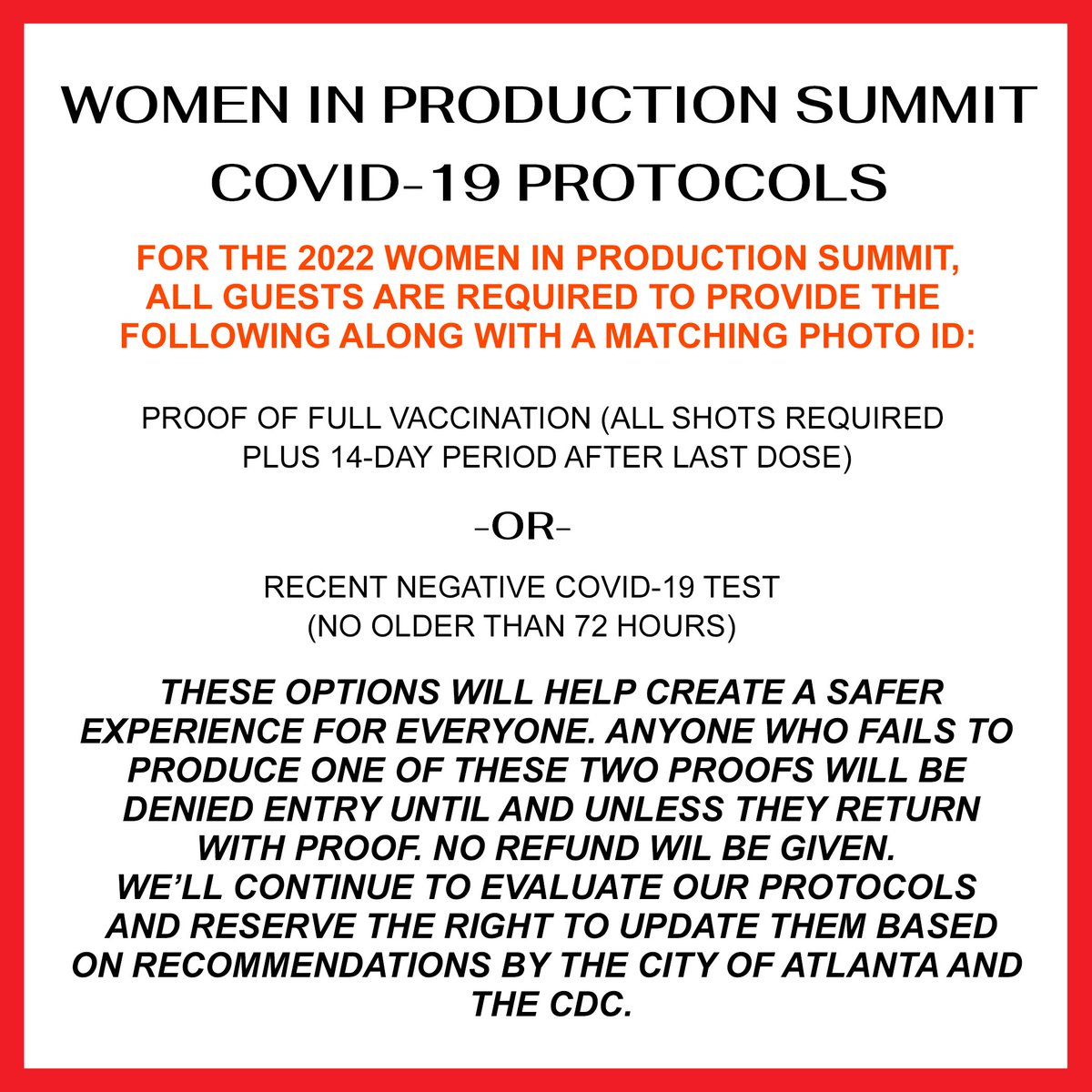 wipsummitatl's tweet photo. Women in Production Summit Covid-19 protocols ⚠️

#wipsummit2022 #womeninproduction #womeninfilm #atlantafilm #gatelevision #gafilm https://t.co/WRrATEn7Q3