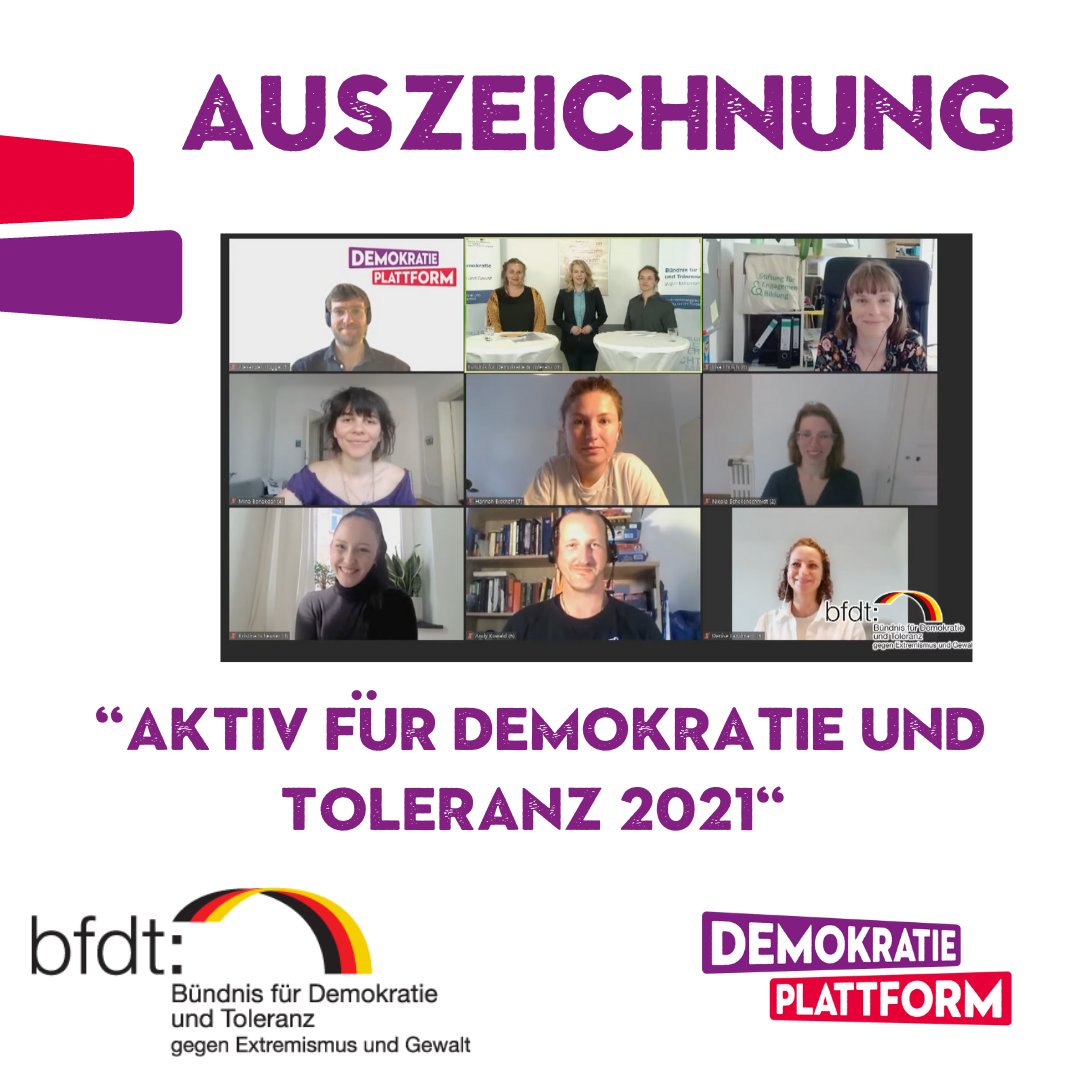 artikeleins's tweet photo. Wir wurden im Rahmen des Wettbewerbs "Aktiv für Demokratie und Toleranz 2021" vom Bündnis für Demokratie und Toleranz - gegen Extremismus und Gewalt (@bpb_de) für außergewöhnliches ehrenamtliches Engagement ausgezeichnet. Danke für die Auszeichnung!🤩🥳 https://t.co/TQLYKkskV7