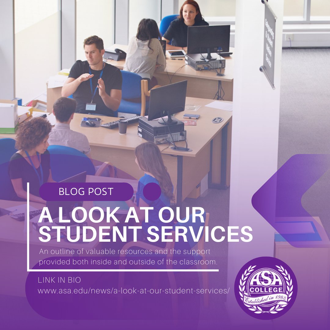asacollege's tweet photo. Need anything? We've got you covered. Learn more about our student services department and how we can better help you strive for academic and professional success! 
Click here to learn more: https://t.co/iqsux6TLwP
 #studentservices #studentlife #success #ASACollege #blogpost https://t.co/l5jP4pjEuj