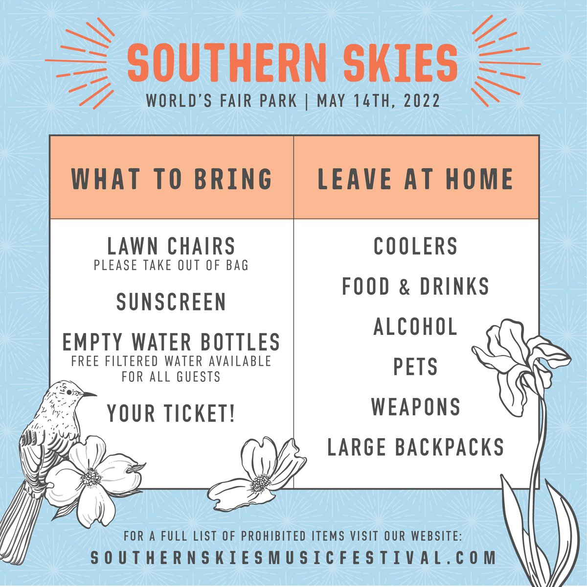 southernskies_'s tweet photo. #FestivalFAQ✨Wondering what to bring to Southern Skies this Saturday? Check out the list below ↓ For a comprehensive list, click here: https://t.co/Scj5gcc8UC #SouthernSkies #WhattoBring https://t.co/vdkTGmX5rm