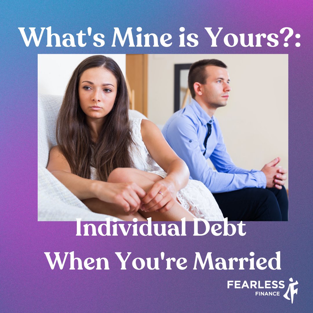 If you or your spouse accumulated debt prior to marriage, this is typically considered  individual debt.  If either of you accumulate debt after marriage and you live in a "community property" state, it's seen as a joint responsibility! 

#fearlessfinance
