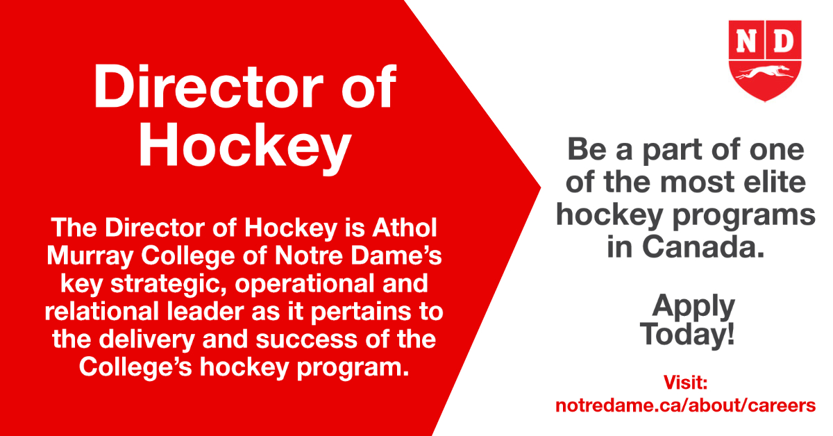 NDHoundsHockey's tweet photo. Athol Murray College of Notre Dame is seeking a highly energic and talented hockey professional to join us as the Director of the Hounds Hockey program.

Visit https://t.co/K62zrspcRJ for full job description and application details. 

#HoundsHockey https://t.co/tluEpjIEGE
