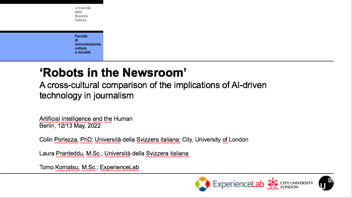 usi_imeg's tweet photo. @herdingbehavior @Gleaming_Lights @gelatonballoon present their study "Robots in the Newsroom - Cross-cultural comparison of the implications of AI-driven technology in journalism" at the conference "AI & the Human" in Berlin. @hiig_berlin @usi_imeg @cityjournalism #AIandTheHuman https://t.co/hUjCMYYQON