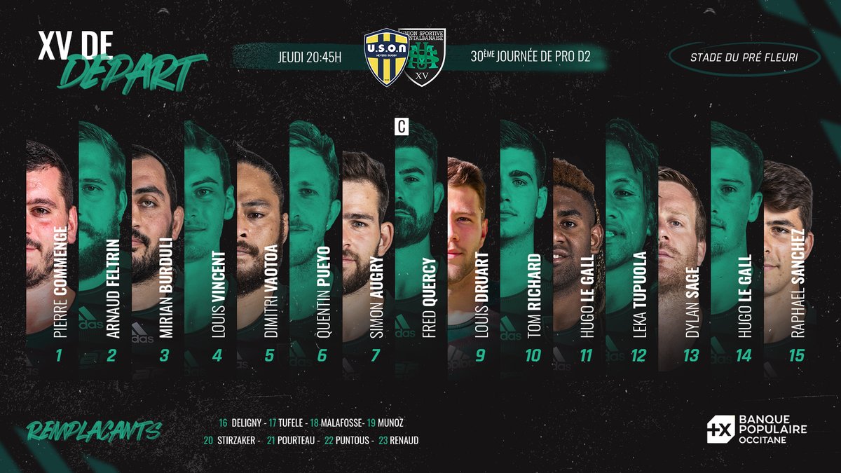 UsmSapiacRugby's tweet photo. 🏉𝑳𝒆 𝑿𝑽 𝒅𝒆 𝑫𝒆𝒑𝒂𝒓𝒕🏉  

Voici les 23𝙑𝙚𝙧𝙩 &amp; 𝙉𝙤𝙞𝙧 qui défendront fièrement les couleurs sapiacaines lors de ce match si particulier. 

 La rencontre est à suivre en direct sur Canal + Sport ou en live sur nos réseaux sociaux.

#K8 #PourKelly #ItsYourStep #USONUSM https://t.co/LNPuwRIVkd