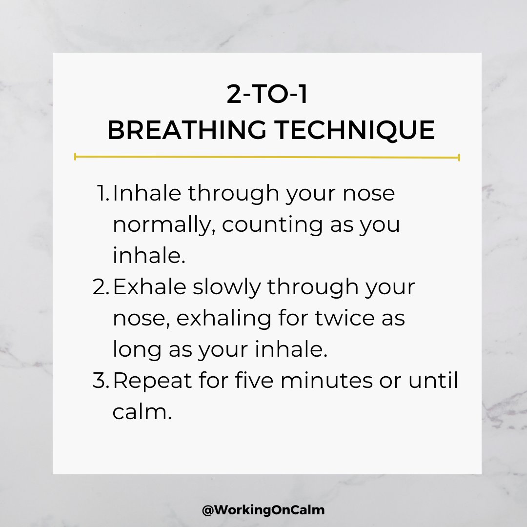 WorkingOnCalm's tweet image. Calm your anxiety with 2-to-1 Breathing.

1. Inhale through your nose normally, counting as you inhale.

2. Exhale slowly through your nose, exhaling for twice as long as your inhale.

3. Repeat for five minutes or until calm.

#anxietytip #selfcaretip #selfcareishealthcare