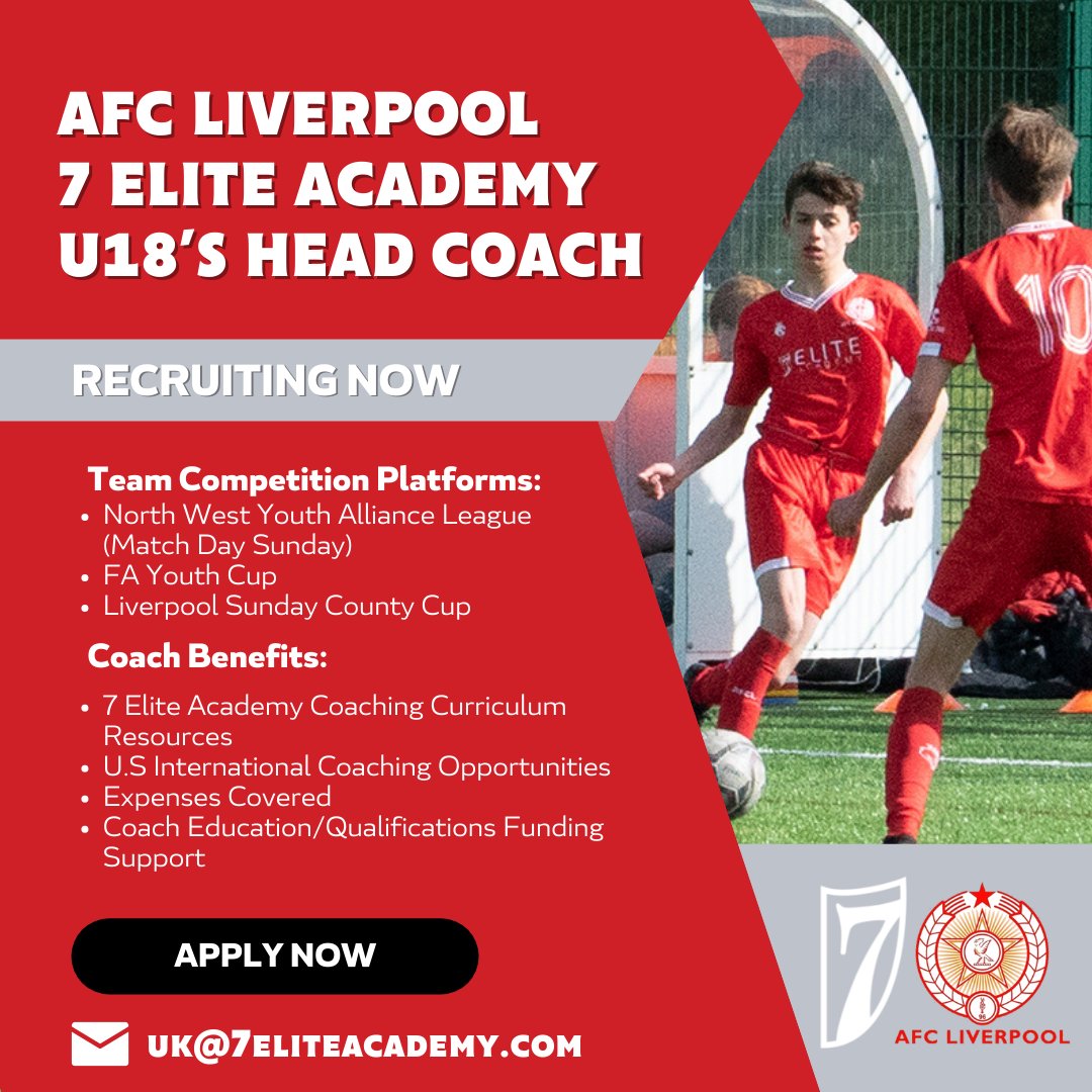 COACHING 🇬🇧🇺🇸🇹🇿 We're recruiting a Head Coach for our Under-18s 👋

🧢 Coach in the FA Youth Cup / North West Youth Alliance 

APPLY 👉 uk.7eliteacademy.com/forms/coach-fo…

#7EliteAcademyUK | #PlayerPathway | #CoachingPathway | @AFCLiverpoolU18 | @AFCLiverpool | @coachconnexions | @jpluk